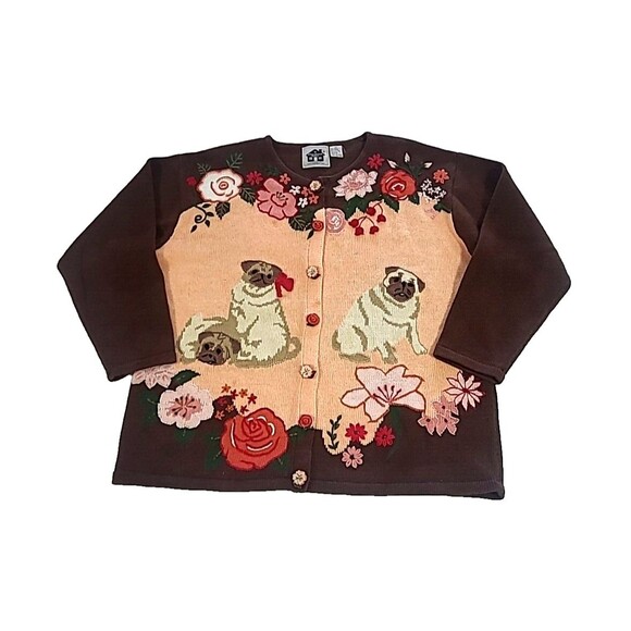 1X Pug Puppy Storybook Knits Sweater Brown Peach Flower Buttons 3D Cruelle Dog - Picture 1 of 16